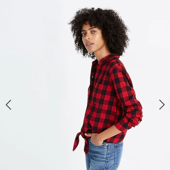 Madewell Red & Black Buffalo Plaid Tie Front Button Up Flannel Shirt Size Small - Picture 2 of 12